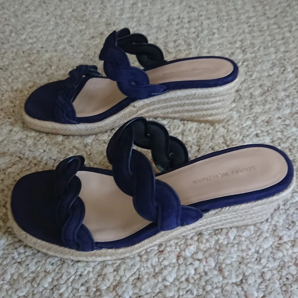Stuart Weitzman navy Blue Twist Suede  Wedge Sandals size 6.5 - Picture 3 of 13
